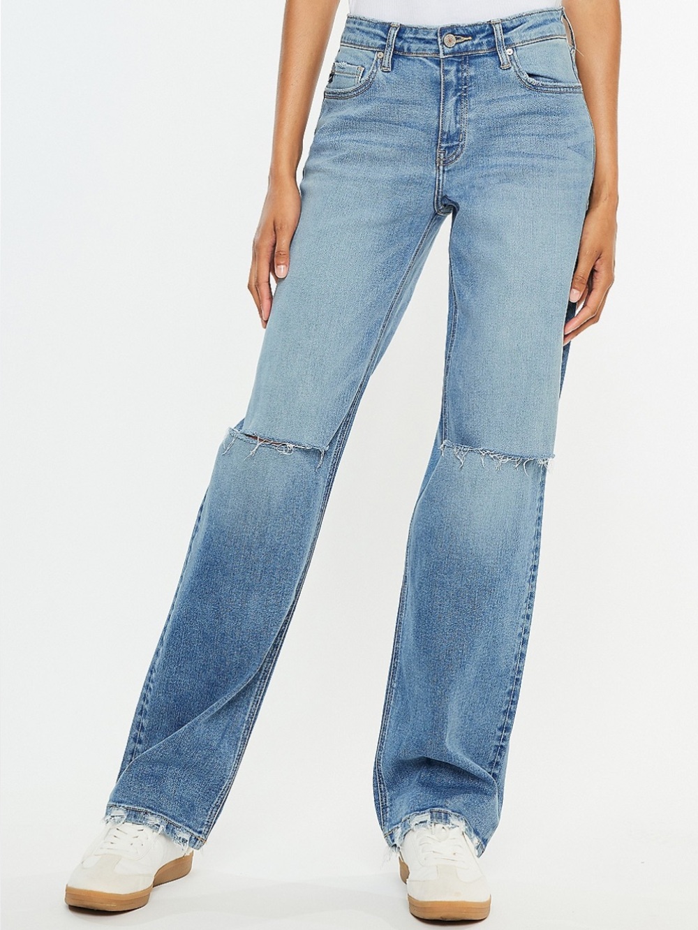 KanCan Light Blue Wide-Leg Distressed Knee Jeans